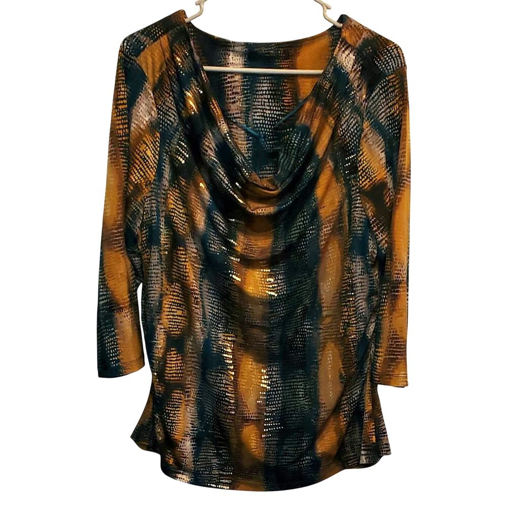 Style & Co Blouse Scoop Neck Multi Color Gold Metallic 3/4 Sleeves